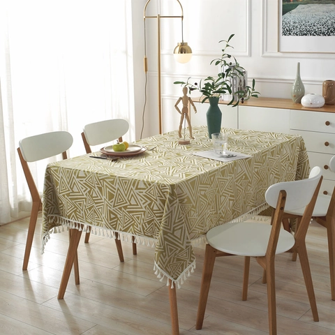 Nordic Polyester Faux Linen Tablecloth Geometric Triangle Jacquard Rectangular Dining Table Cover With Tassels Dustproof Decor