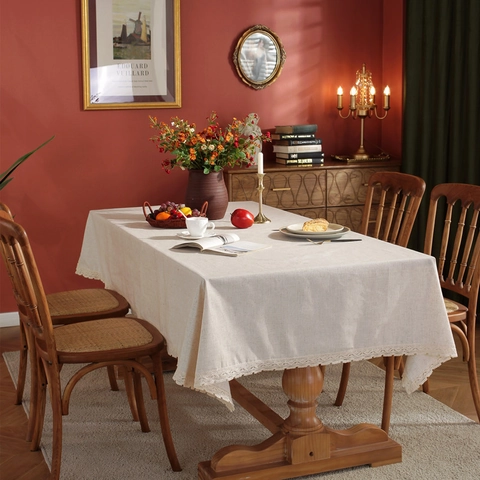 Mantel Minimalista Color Sólido Con Borde de Encaje Borlas Poliéster Lino Rectangular Cubierta de Mesa Hogar Cocina Decoración