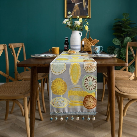 Runner da Tavolo Moderno in Ciniglia Floreale Con Nappine per Tavolo da Pranzo Tavolino Mobile TV Decorazione Casa
