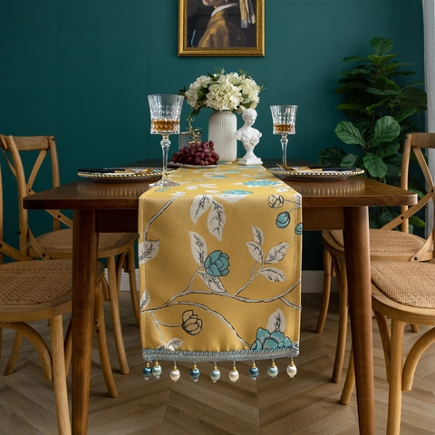Runner da Tavolo Moderno in Ciniglia Floreale Con Nappine per Tavolo da Pranzo Tavolino Mobile TV Decorazione Casa
