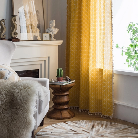 Modern Yellow Geometric Lattice Pattern Semi-Shading Window Curtain With White Tassels For Living Room Bedroom Decor