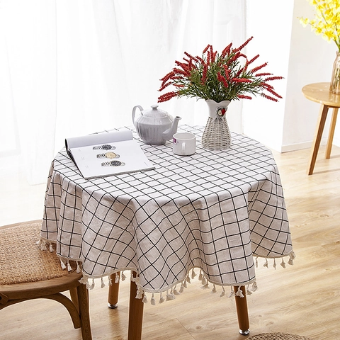Mantel Redondo Estilo Nórdico Poliéster Algodón Estampado Patrón Geométrico Cuadrícula Con Borlas Para Mesa de Cocina Decoración