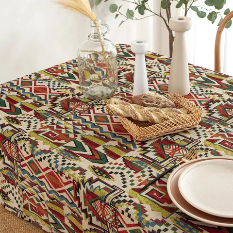 Bohemian American Style Yarn Dyed Polyester Tablecloth Multi Color Geometric Feather Pattern Rectangular Dustproof Table Cover