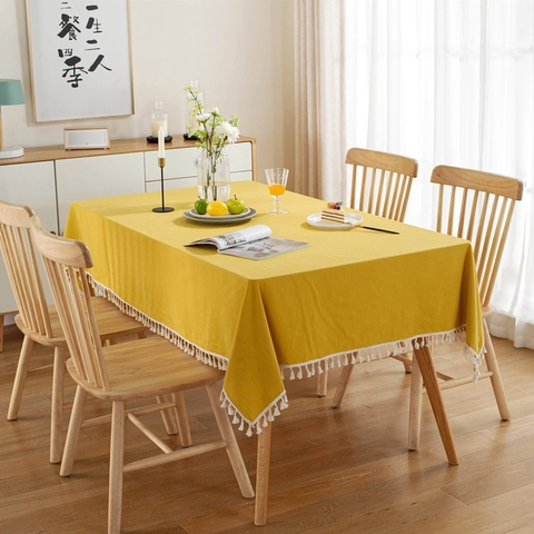 Modern Minimalist Washed Cotton Rectangular Tablecloth With Tassels Solid Color Dining Table Cover For Home Kitchen Restaurant Decor