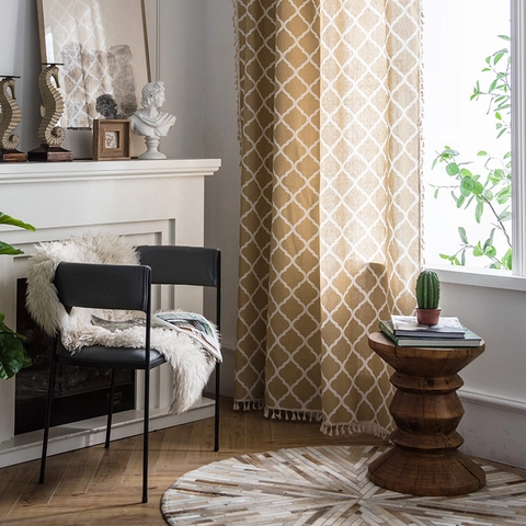 Rideau Moderne Minimaliste en Mélange de Coton avec Imprimé Treillis Géométrique et Pompons Rideaux de Fenêtre Nordiques Vert Sauge Jaune pour Salon