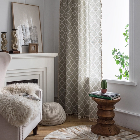 Rideau Moderne Minimaliste en Mélange de Coton avec Imprimé Treillis Géométrique et Pompons Rideaux de Fenêtre Nordiques Vert Sauge Jaune pour Salon