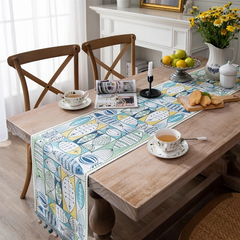 Runner da Tavolo in Ciniglia con Motivo Pesce e Nappine Moderno Minimalista Verde Poliestere Tovaglia Decorativa Casa Sala da Pranzo