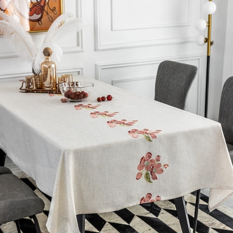 Bestickte Blumen Tischdecke Rechteckig Pastoral Pfirsichblüten Muster Staubdicht Einfach Haus Esstisch Dekor Bezug