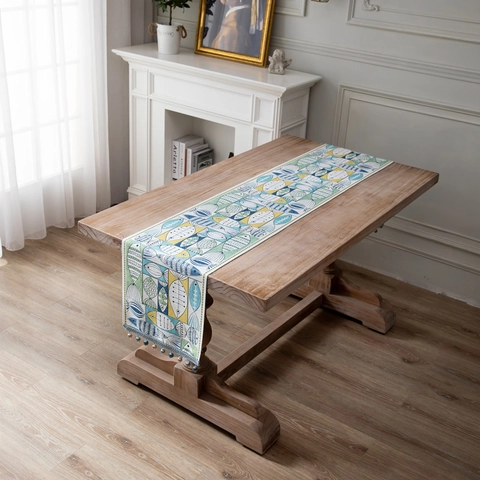 Runner da Tavolo in Ciniglia con Motivo Pesce e Nappine Moderno Minimalista Verde Poliestere Tovaglia Decorativa Casa Sala da Pranzo