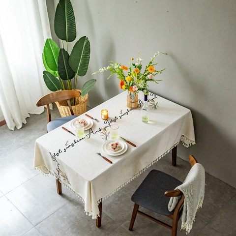 Embroidered Floral Tassel Tablecloth Polyester Linen Blend Rectangular Dining Table Cover Nordic Style Home Decoration