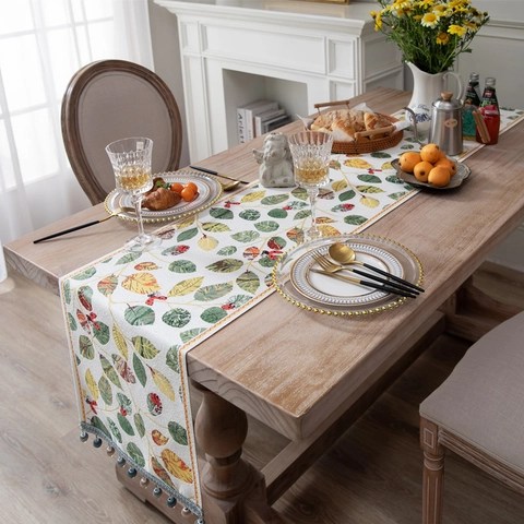 Polyester Chenille Tafelloper Herfst Blad Insectenpatroon Kwastjes Decoratief Tafelkleed Voor Eettafel Woonkamer Woondecoratie