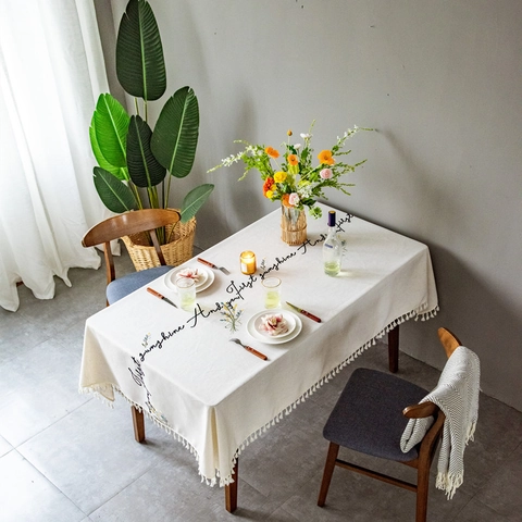 Embroidered Floral Tassel Tablecloth Polyester Linen Blend Rectangular Dining Table Cover Nordic Style Home Decoration