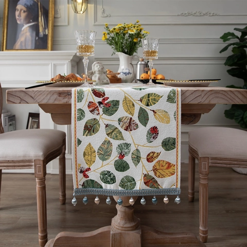 Polyester Chenille Tafelloper Herfst Blad Insectenpatroon Kwastjes Decoratief Tafelkleed Voor Eettafel Woonkamer Woondecoratie