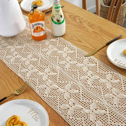 Vintage Crochet Lace Table Runner With Tassels Cotton Hollow Floral Table Runner For Rustic Wedding French Country Home Decor