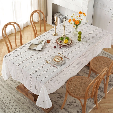 Nappe en Coton Dentelle Blanche Style Campagne Française Ajourée Brodée Rectangulaire Pour Décoration De Cuisine Salle À Manger
