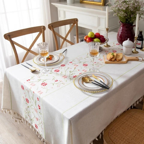 Mantel Rectangular Bordado de Flores Con Borlas de Fibra Química Mantel Crema para Comedor Hogar Cocina Decoración