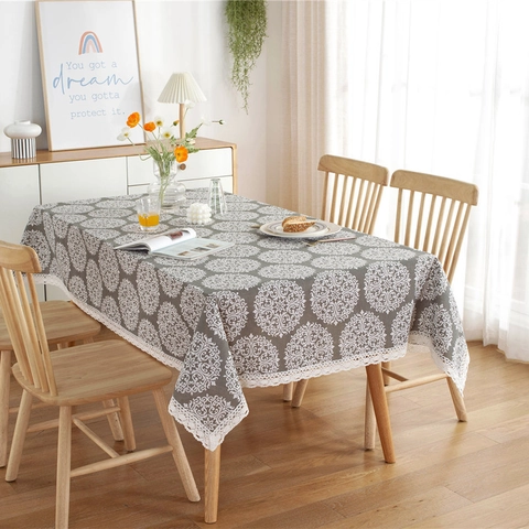 Nappe Vintage en Polyester et Coton Avec Bordure en Dentelle Blanche Imprimé Rétro Mappemonde Journal Décoration Maison