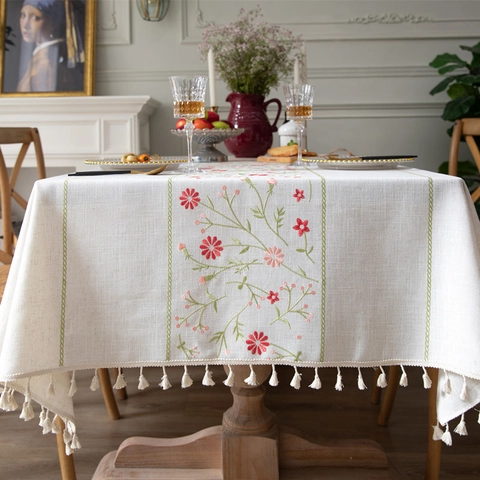Mantel Rectangular Bordado de Flores Con Borlas de Fibra Química Mantel Crema para Comedor Hogar Cocina Decoración