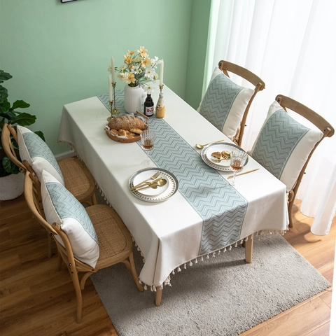 Mantel de Jacquard Nórdico con Patrón de Ondas y Borlas Poliéster Rectangular Antipolvo para Decoración de Comedor