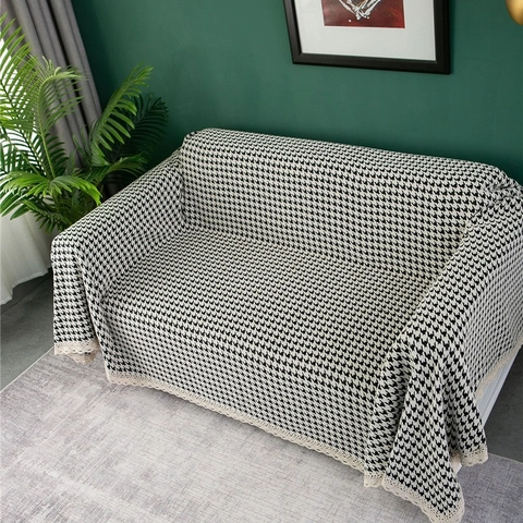 Houndstooth Chenille Sofa Cover Thickened Elastic Multi-functional Four Seasons Sofa Towel With Lace Trim American Style Furniture Protector
