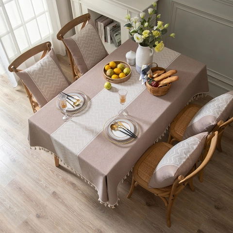 Mantel de Jacquard Nórdico con Patrón de Ondas y Borlas Poliéster Rectangular Antipolvo para Decoración de Comedor