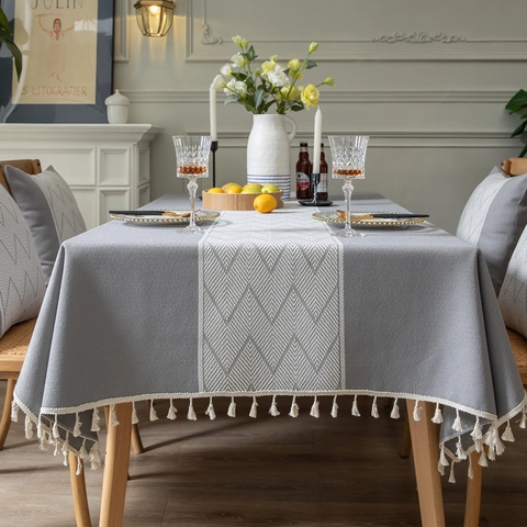 Mantel de Poliéster Jacquard Estilo Nórdico con Patrón de Ondas con Borlas Rectangular Geométrico Antipolvo Decorativo para Mesa de Comedor de Cocina