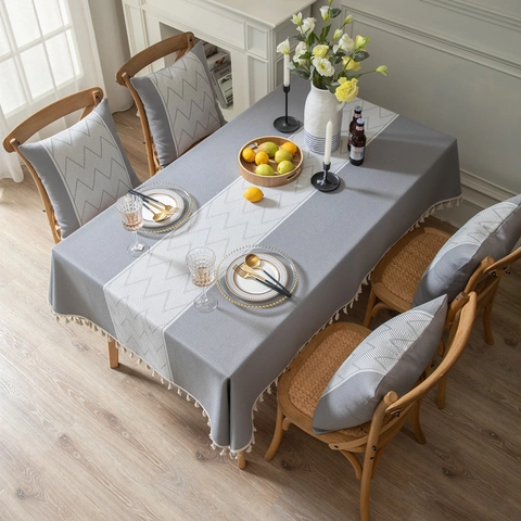 Mantel de Poliéster Jacquard Estilo Nórdico con Patrón de Ondas con Borlas Rectangular Geométrico Antipolvo Decorativo para Mesa de Comedor de Cocina
