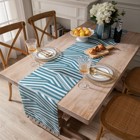 Runner da Tavolo Moderno in Ciniglia Geometrica Con Nappine Perline per Tavolo da Pranzo Tavolino Decorazione Stile Nordico