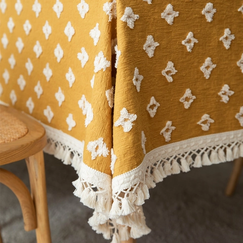 Retro French Jacquard Polyester Tablecloth With Tassel Ginger Yellow 3D Tufted Geometric Table Cover For Dining Coffee Table Decor