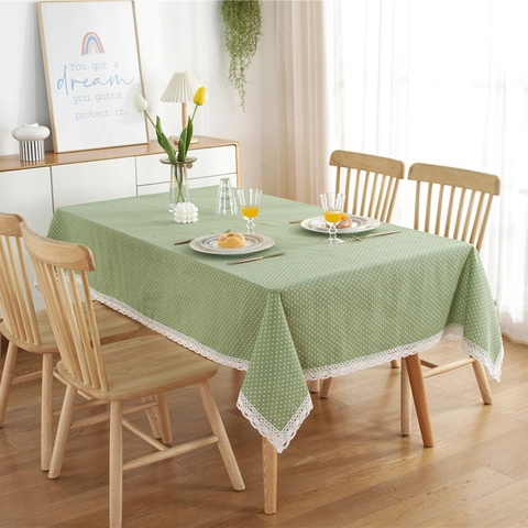 Tischdecke aus Polyester-Baumwoll-Mischgewebe mit Polka Dots Spitzenbesatz Staubdichte Rechteckige Tischabdeckung Für Esszimmer Deko