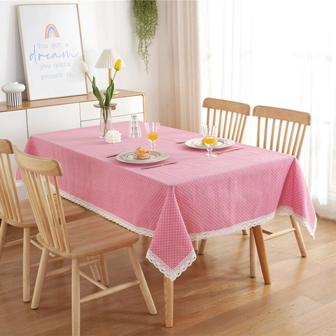 Tischdecke aus Polyester-Baumwoll-Mischgewebe mit Polka Dots Spitzenbesatz Staubdichte Rechteckige Tischabdeckung Für Esszimmer Deko