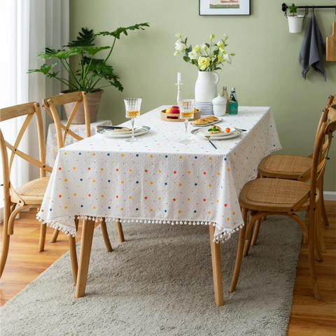 Tovaglia Francese in Cotone Jacquard a Pois Con Frange di Pompon Rettangolare a Punti Colorati Copertura Tavolo da Pranzo Casa