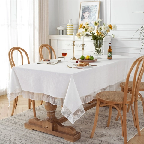 Mantel de Algodón Lavado de Color Sólido Romántico Francés Con Borde de Encaje Y Borlas Rectangular Antipolvo para Mesa de Comedor