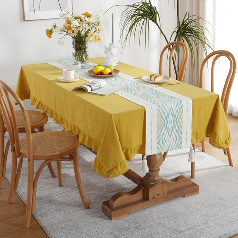Modern Washed Cotton Tablecloth Set With Ruffles And Geometric Printed Tassel Table Runner For Dining Home Table Decor