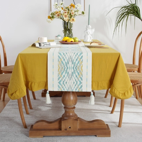 Modern Washed Cotton Tablecloth Set With Ruffles And Geometric Printed Tassel Table Runner For Dining Home Table Decor