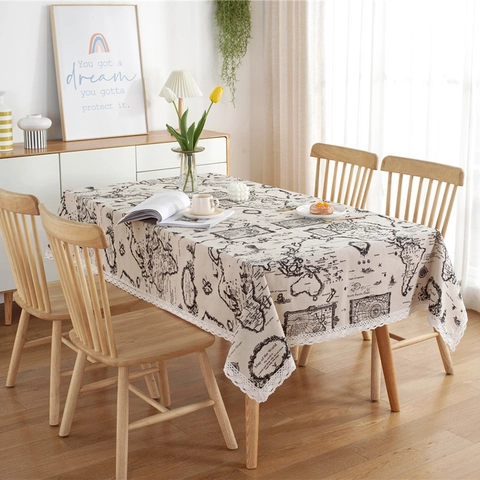 Nappe Vintage en Polyester et Coton Avec Bordure en Dentelle Blanche Imprimé Rétro Mappemonde Journal Décoration Maison