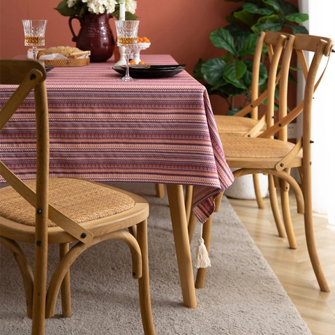 Bohemian Ethnic Polyester Cotton Tablecloth Decorative Tassels Stripe Floral Pattern Home Kitchen Dining Room Table Decor