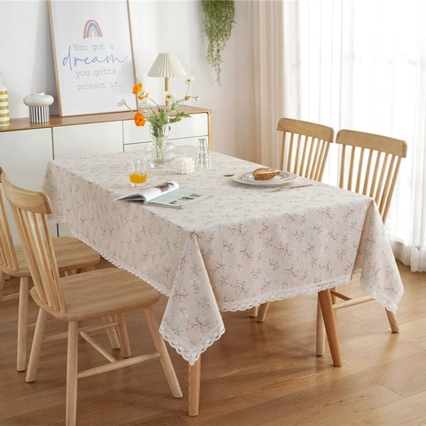 Nappe Nordique Rurale Mélange Coton Polyester Bord en Dentelle Rectangulaire Motif Floral Botanique Antipoussière Déco