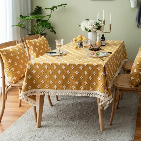 Retro French Jacquard Polyester Tablecloth With Tassel Ginger Yellow 3D Tufted Geometric Table Cover For Dining Coffee Table Decor