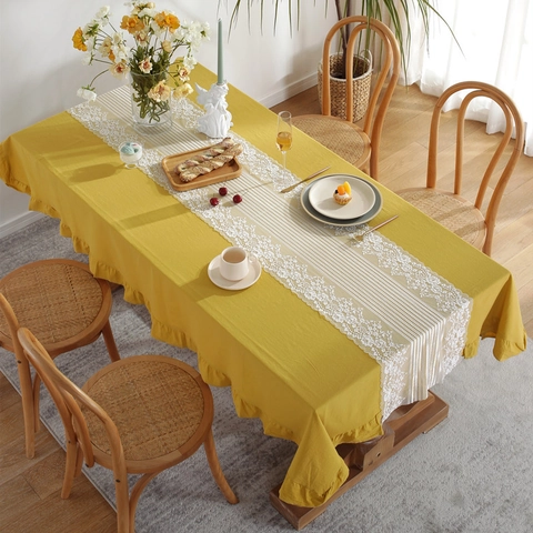 Modern Minimalist Cotton Tablecloth Ruffle Edge Table Cloth With Lace Table Runner Contrast Color Home Kitchen Table Decor