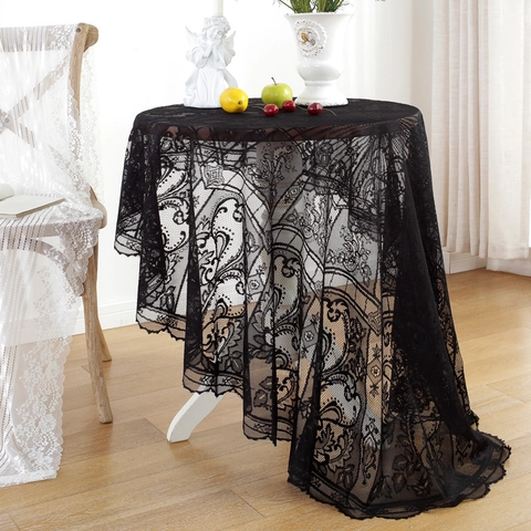 European Vintage Round Lace Tablecloth Hollow Floral Scalloped Edge Wedding Party Elegant Home Dining Table Decoration Cover