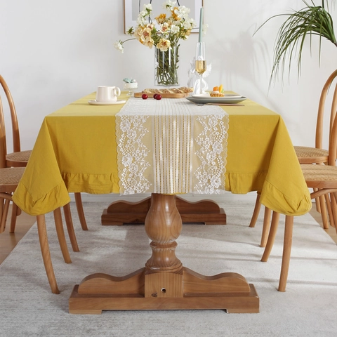Modern Minimalist Cotton Tablecloth Ruffle Edge Table Cloth With Lace Table Runner Contrast Color Home Kitchen Table Decor