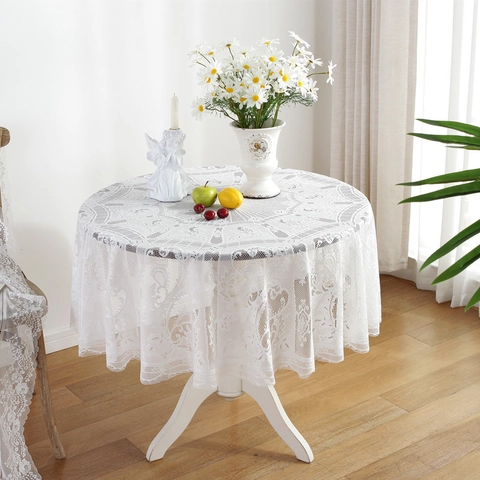 European Vintage Round Lace Tablecloth Hollow Floral Scalloped Edge Wedding Party Elegant Home Dining Table Decoration Cover
