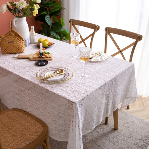 Nappe en Dentelle Blanche Pastorale Française Ajourée Crochet Floral pour Table à Manger Décoration Maison Mariage Fête