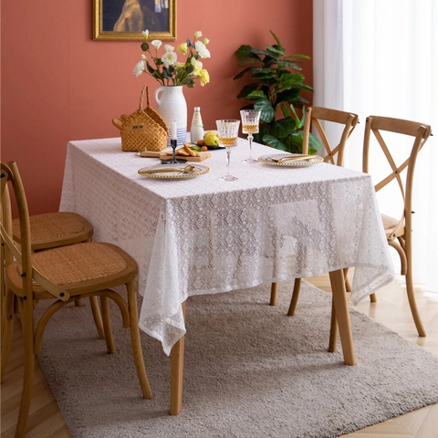 Nappe en Dentelle Blanche Pastorale Française Ajourée Crochet Floral pour Table à Manger Décoration Maison Mariage Fête