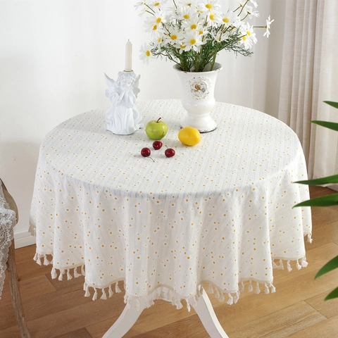 Mantel Redondo de Algodón Pastoral Fresco Jacquard Floral Margarita Lila Antipolvo Cubierta de Escritorio Con Borla y Ribete de Pompones