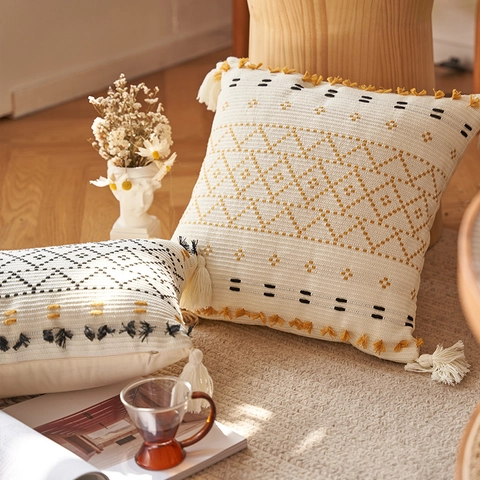 Federa per Cuscino Bohemien Lavorata a Maglia in Cotone Decorativo Con Nappe e Motivo Geometrico per Divano Casa