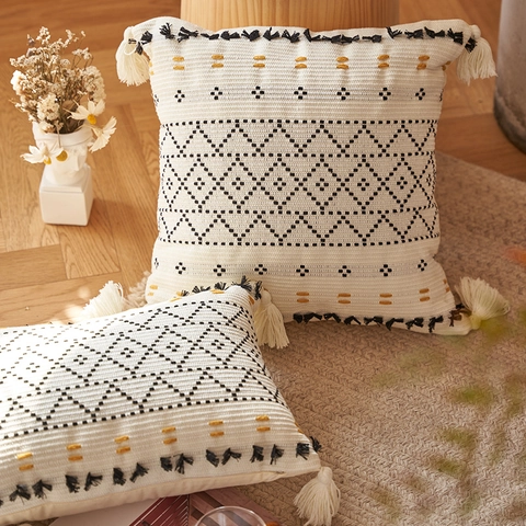 Federa per Cuscino Bohemien Lavorata a Maglia in Cotone Decorativo Con Nappe e Motivo Geometrico per Divano Casa