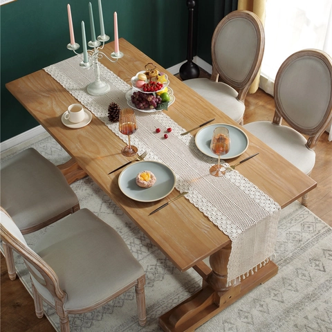 French Vintage Crochet Lace Table Runner With Tassels Beige Cotton Hollow Out Floral Tablecloth For Wedding Home Decor