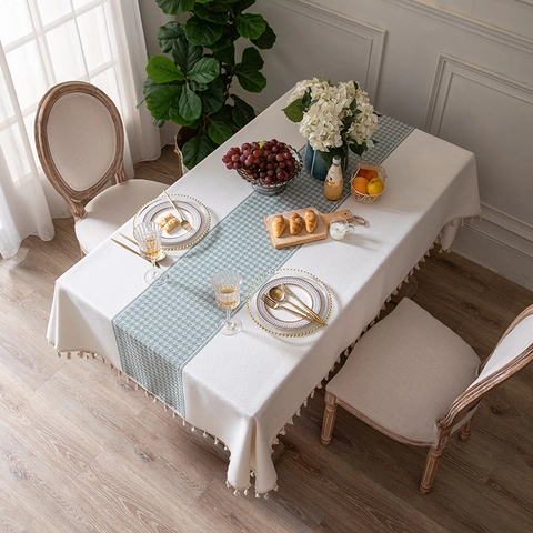 Nordic Houndstooth Jacquard Tablecloth With Tassels Polyester Faux Linen Rectangular Table Cover For Dining Room Kitchen Home